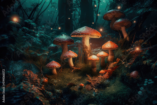A bright enchanted forest with magical mushrooms. Generative AI