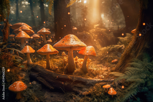 A bright enchanted forest with magical mushrooms. Generative AI