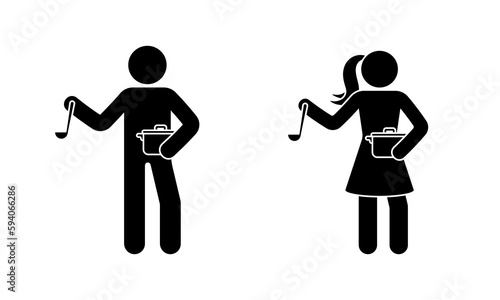 Stick figure man and woman standing with soup ladle and saucepan vector illustration set. Stickman person cooking icon silhouette pictogram