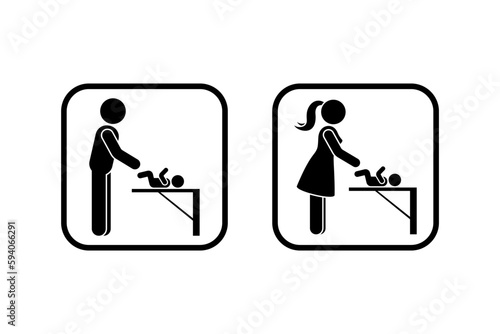 Public toilet icon parenting room vector illustration. Restroom sign symbol mother father taking care of baby stick figure frame pictogram