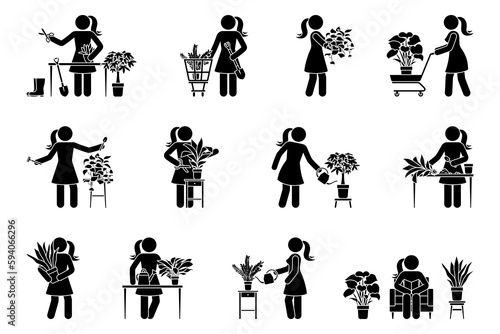 Stick figure woman planting home flowers vector illustration set. Girl person taking care of houseplant icon silhouette pictogram