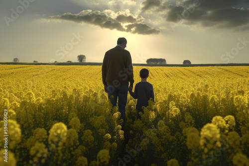father and son in rapeseed field  looking thoughtfully into the distance with serious expression on their faces  created with Generative AI Technology