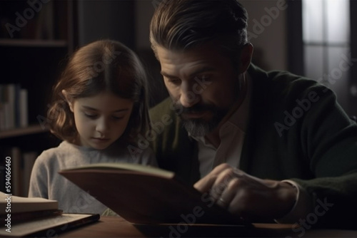 grandfather and granddaughter reading book together, muted dramatic light, created with Generative AI Technology