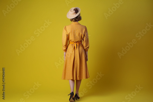 Stylish woman in 1950s yellow dress and hat against yellow background, shot in the studio, rear view, created with Generative AI Technology