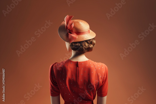 woman in red dress and a 1950s style hat against red background, shot in the studio, rear view, created with Generative AI Technology