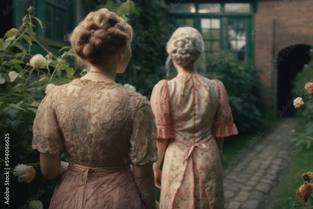 two sisters dressed in Victorian era clothing walk through green park in springtime. The women are dressed in stylish clothes, created with Generative AI Technology