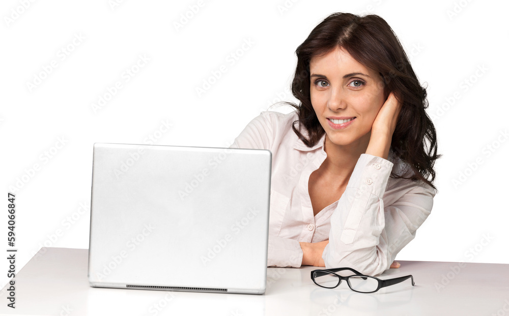 Businesswoman Sitting Behind The Desk Resting Head on Hand - Isolated Businesswoman Sitting Behind The Desk Resting Head on Hand - Isolated