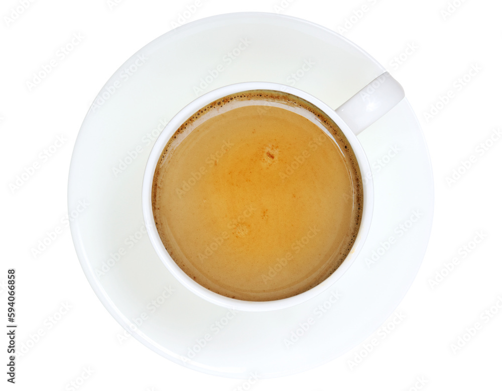 white coffee cup, mug with hot black coffee, isolated design element, top view, flat lay