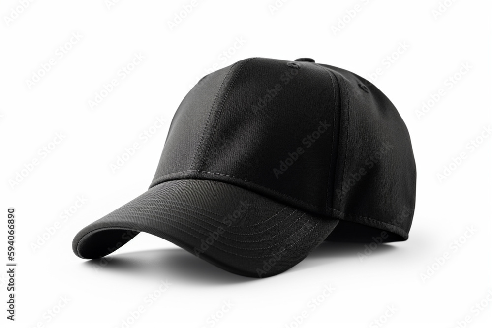 Understated Elegance, Realistic Black Cap Mockup on White Background Generative AI Understated Elegance, Realistic Black Cap Mockup on White Background Generative AI