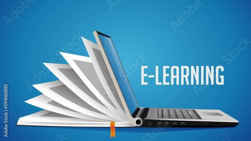 Computer as book knowledge base concept - laptop as elearning idea - stay at home and learn without going to school