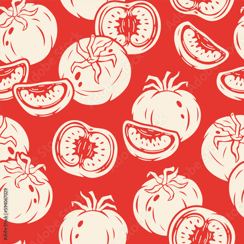 Tomatoes. Vector Tomato Seamless pattern. Slice of tomato. Fresh Vegetables. Food Red Background. Great for food Wrapping Paper, Packaging