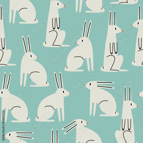 pattern with rabbits in flat style. hand drawn vector illustration.