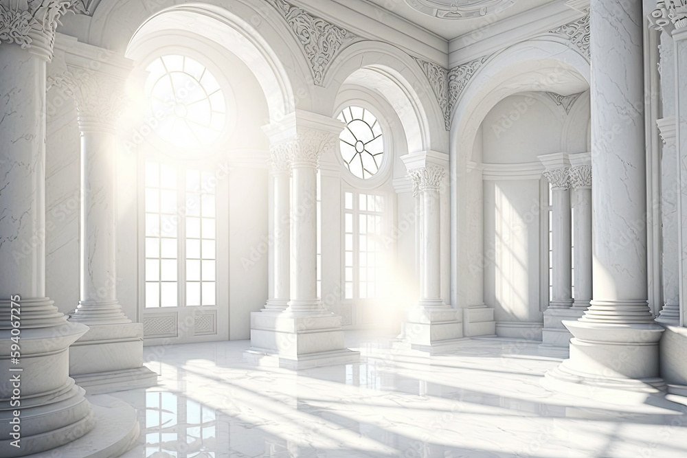 White Marble Luxury Palace Interior. AI generative. Bright Big Sunny Windows.