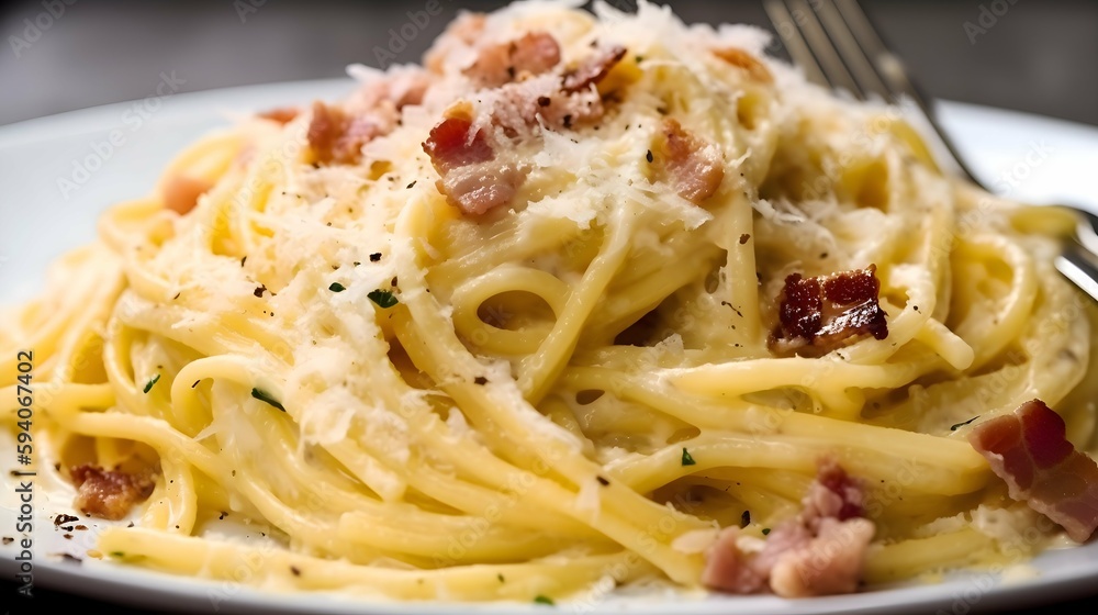 A close-up of a delicious-looking plate of spaghetti carbonara A close-up of a delicious-looking plate of spaghetti carbonara