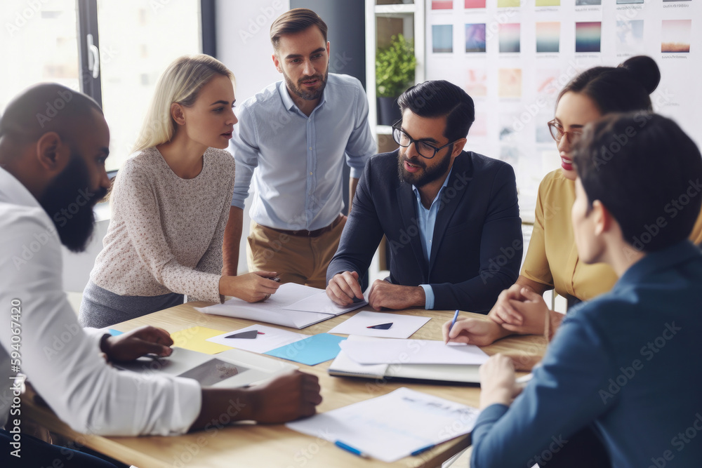 Business meeting with diverse team brainstorming ideas, high quality generative ai Business meeting with diverse team brainstorming ideas, high quality generative ai