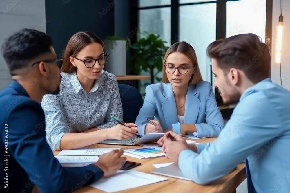 Business meeting with diverse team brainstorming ideas, high quality generative ai Business meeting with diverse team brainstorming ideas, high quality generative ai
