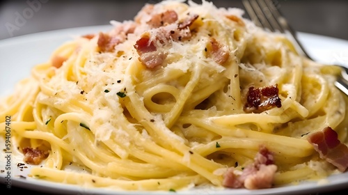 A close-up of a delicious-looking plate of spaghetti carbonara