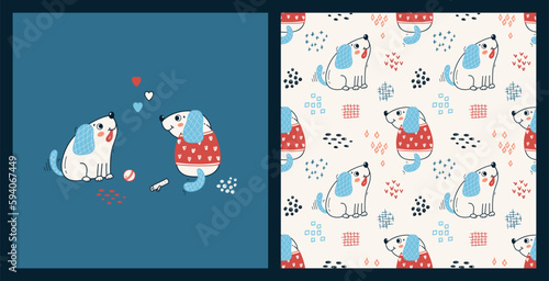 Pet Set. Cute Dogs. Seamless Pattern and Poster with Little Puppies. Vector Childish Background. Baby Funny Animals. Great Kids Fashion T-shirt Print Design, Nursery Wallpaper.