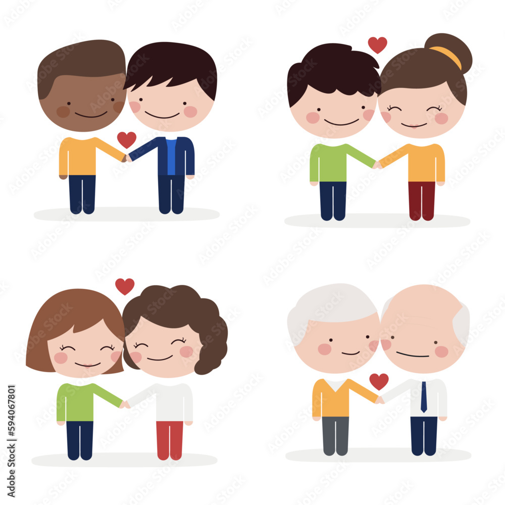 Familia y amor.  Parejas felices enamoradas en el día y mes del orgullo LGBT, mujeres, hombres, abuelos, diversidad de familias felices. Vector