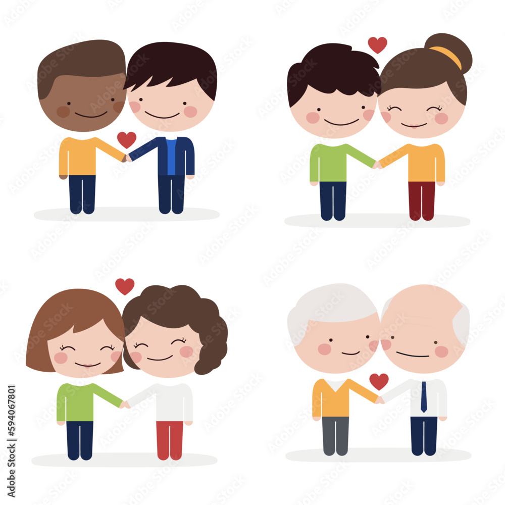 Familia y amor. Parejas felices enamoradas en el día y mes del orgullo LGBT, mujeres, hombres, abuelos, diversidad de familias felices. Vector Familia y amor. Parejas felices enamoradas en el día y mes del orgullo LGBT, mujeres, hombres, abuelos, diversidad de familias felices. Vector