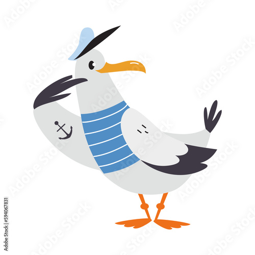 Gull Character with Webbed Feet Wearing Striped Vest and Hat Saluting Vector Illustration