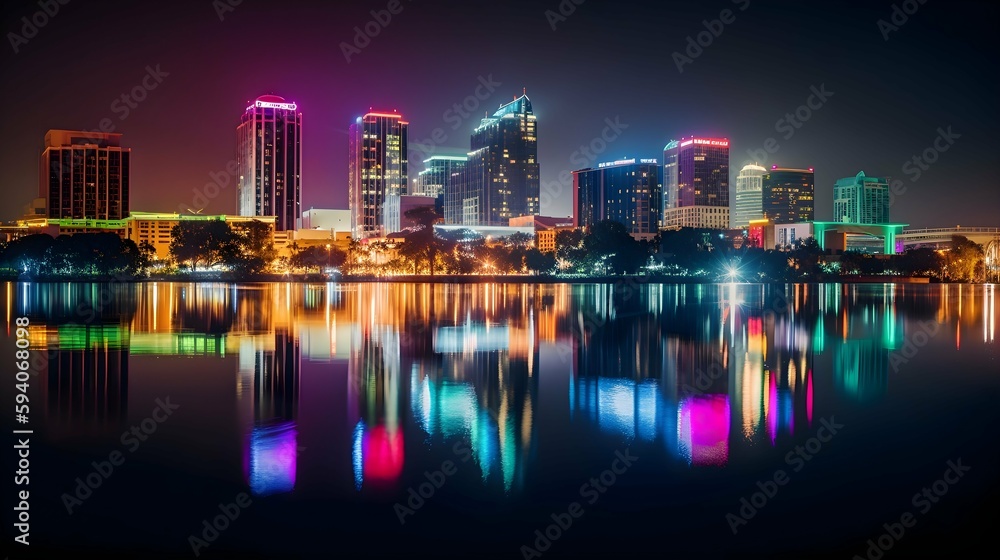 A magical nighttime scene of a city skyline A magical nighttime scene of a city skyline