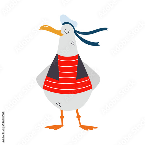 Gull Character with Webbed Feet Wearing Striped Vest and Hat Standing Vector Illustration
