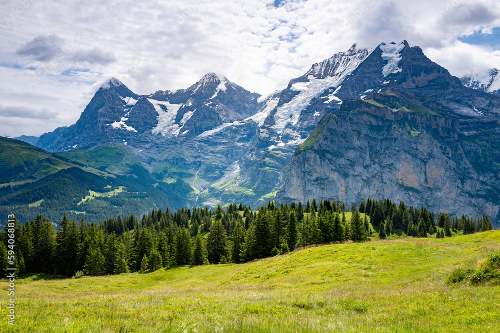 Scenic view of Eiger and Monch from the mountain view trail