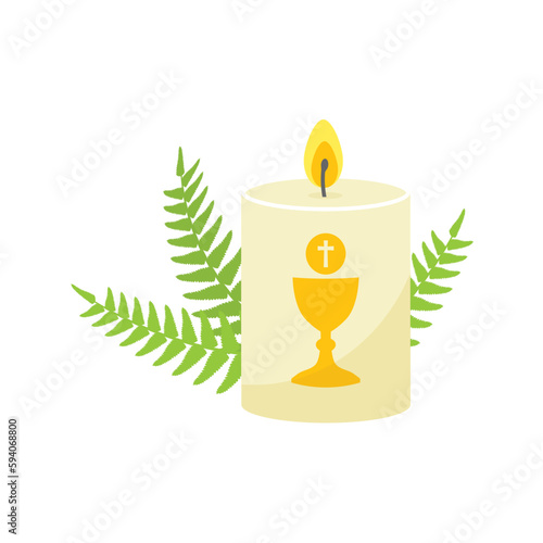 first Holy Communion, Baptismal candle with fern leaves- vector illustration