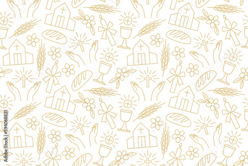 seamless pattern with christian religion icons: holy communion, chalice, bread, ear of wheat, praying hands, candle, church - vector illustration
