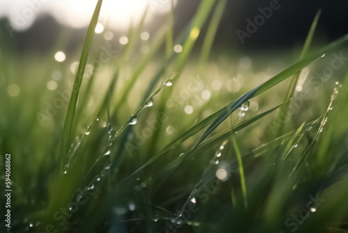 Grass. Fresh green spring grass with dew drops closeup. Raindrops, water, fresh, juicy, beautiful grass close-up. Summer, spring background. generative ai 