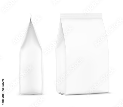 Flat bottom package bag mockup.  Vector illustration isolated on white background. Half and side views. Can be use for template your design, promo, adv. EPS10.