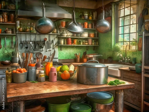 Fresh and inviting green kitchen with cooking essentials. Generative AI