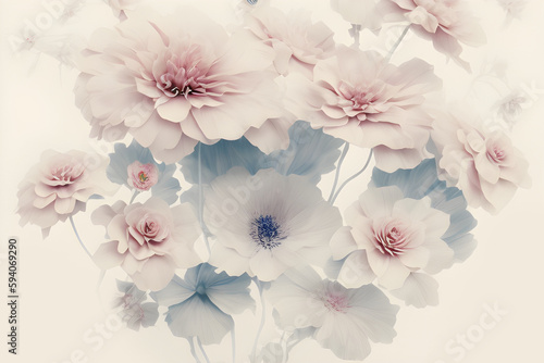 Beautiful spring flowers on a white background. Floral background in pastel colors, generative AI 