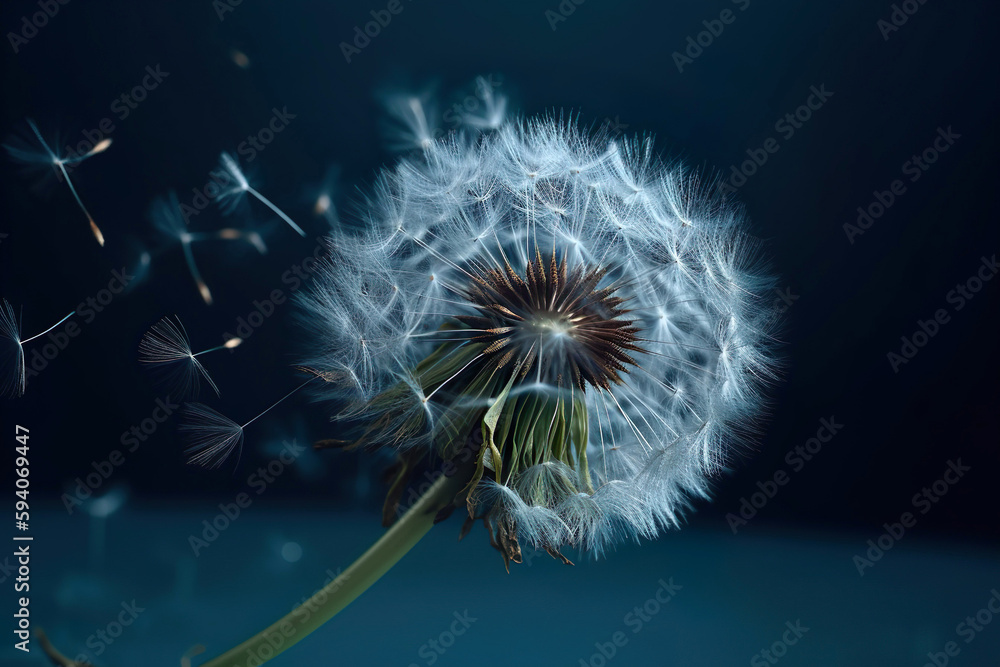 Fototapeta premium andelion with seeds blowing away in the wind in blue sky. Generative Ai.