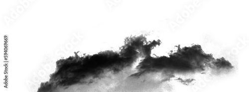 Dark smoke, black clouds and isolated on transparent background of abstract art, mist or fog design. Creative powder, air pollution danger or fire in wind with texture, pattern and png graphic