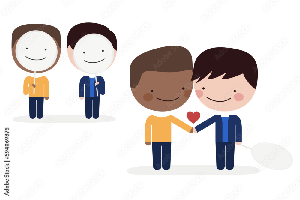 Pareja homosexual feliz sin mascara y libre en el día y mes del orgullo LGBT vector Pareja homosexual feliz sin mascara y libre en el día y mes del orgullo LGBT vector