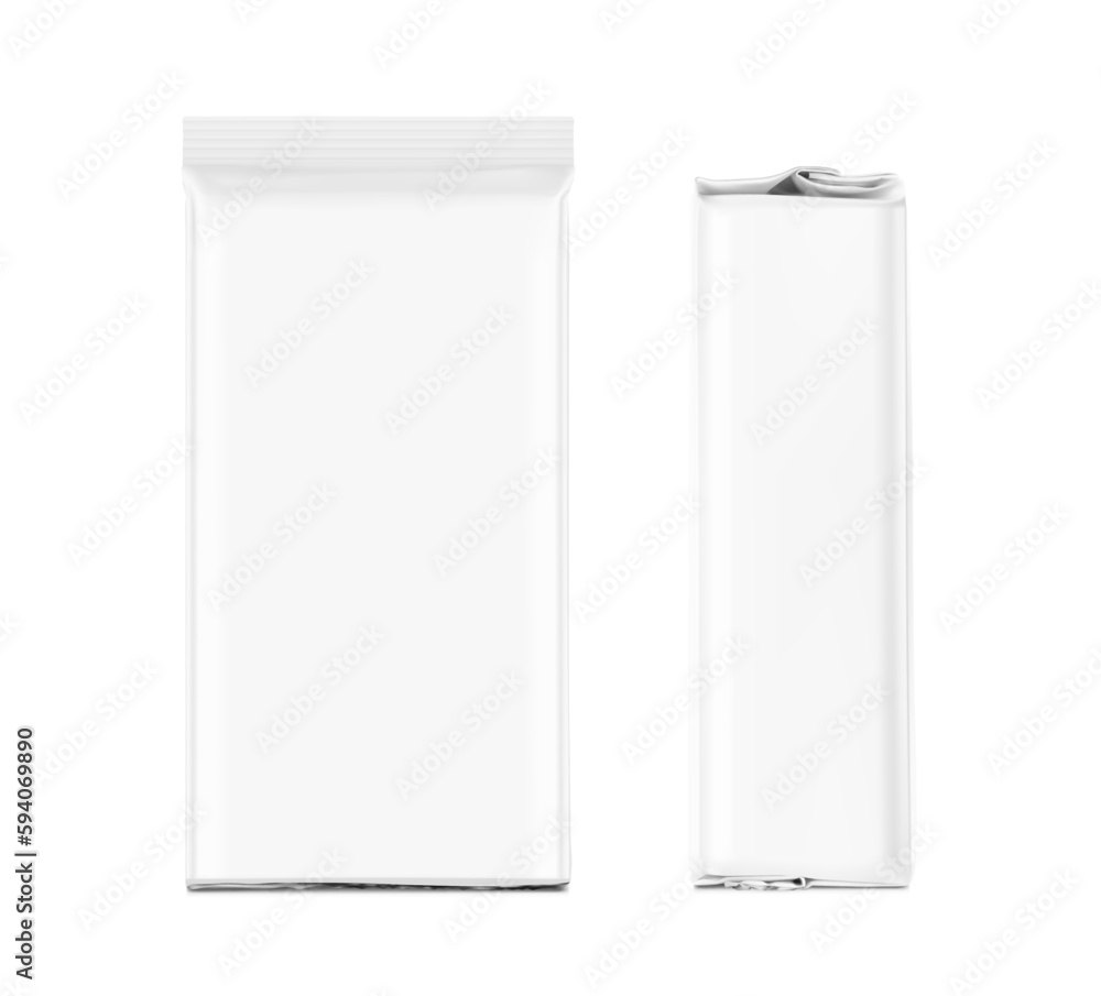 High realistic vacuum package bag mockup. Front and side view. Vector illustration isolated on white background. Easy to use for presentation your product, idea, promo, design. EPS10.