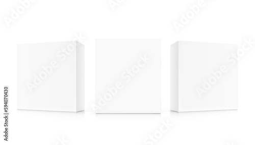 Realistic cardboard boxes mockup set. Front and half side views. Vector illustration isolated on white background. Can be use for food, cosmetic, software and etc. Ready for your design. EPS10.	