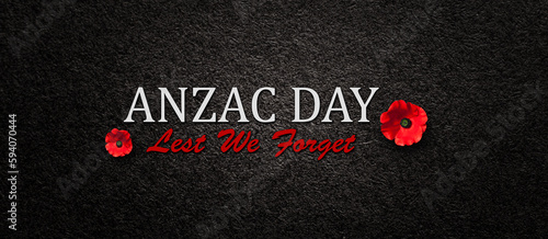 The remembrance poppy - poppy appeal. Poppy flowers on black textured background with text. Banner. Decorative flower for Anzac Day in New Zealand, Australia, Canada and Great Britain.