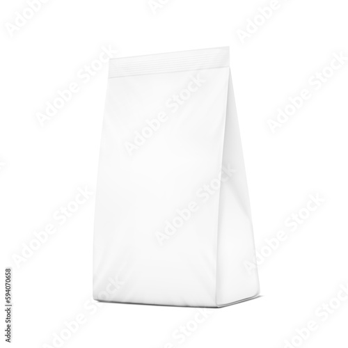 Realistic package bag mockup with a triangle shape. Half side view. Vector illustration isolated on white background. Ready for your design. EPS10.