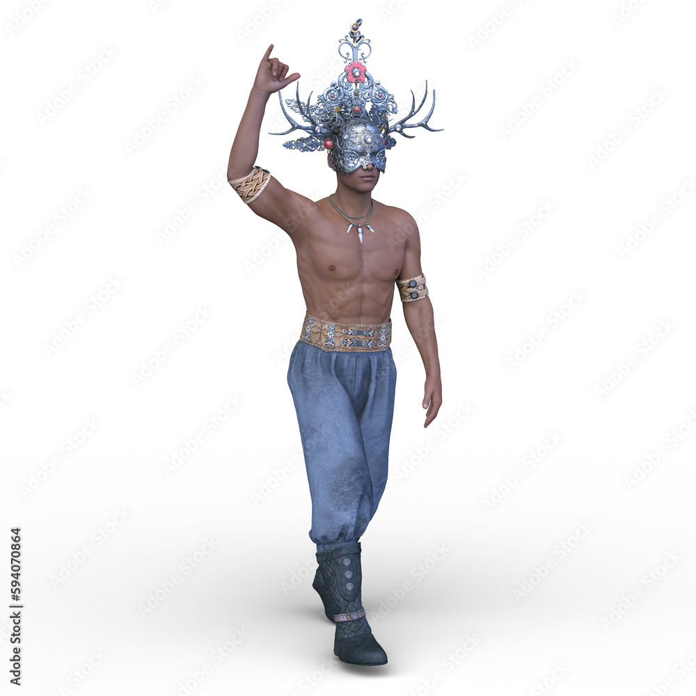 個性的なデザインの冠を付けた戦士