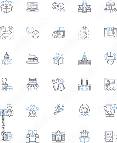 Metropolitan culture line icons collection. Urbanity, Cosmopolitanism, Diversity, Multiculturalism, Modernity, Globalization, Sophistication vector and linear illustration. Exclusivity,Chic,Trendy