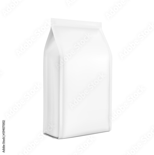 Hyper realistic gusseted packaging bag mockup. Half side view. Vector illustration isolated on white background. Ready for use in presentation, promo, advertising on any backgrounds. EPS10.	
