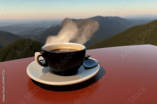 cup of coffee with mountains view background