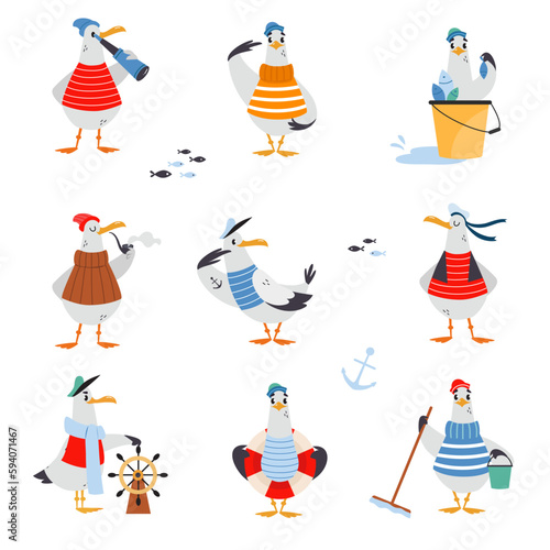 Gull Character with Webbed Feet Wearing Striped Vest and Hat with Bucket and Steering Wheel Vector Set