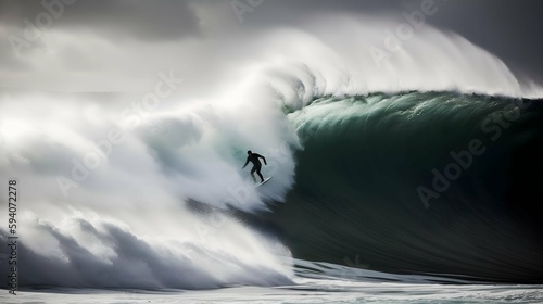 A surfer catching a massive wave
