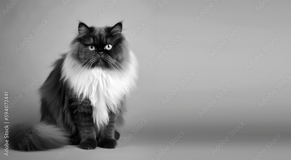 black and white persian cat portrait gray background. with copy space ...