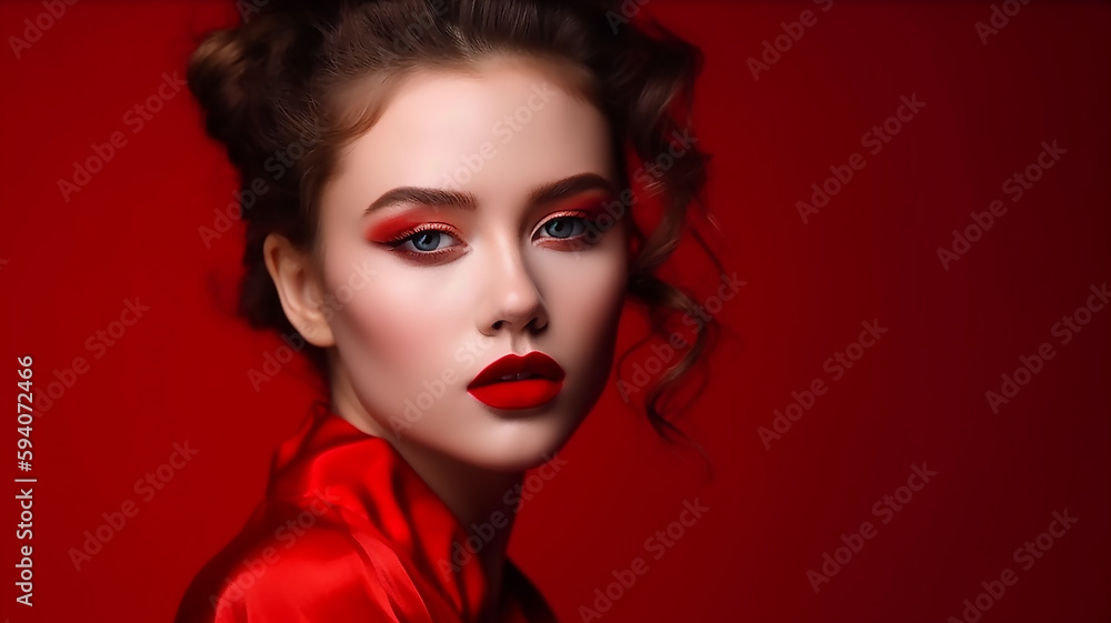  Portrait of a beautiful girl model with bright makeup on a red background, generative ai tools 