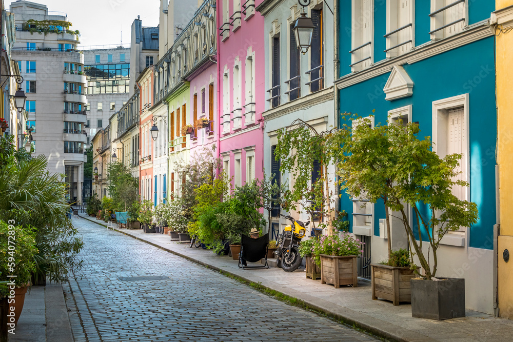 Paris, France - May 19, 2021: Rue Cremieux in the 12th Arrondissement is one of the prettiest residential streets in Paris.